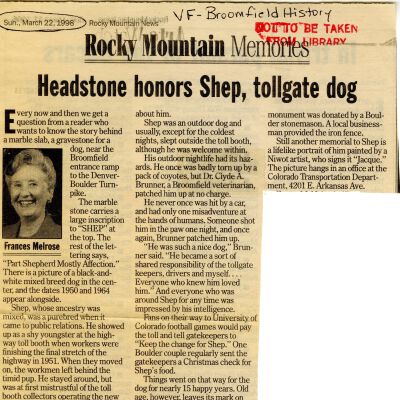 Headstone honors Shep, tollgate dog