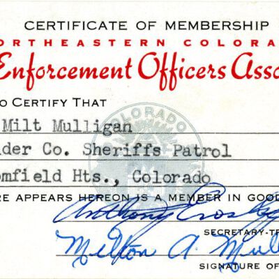 Law Enforcement Officers Association card for Lt. Milt Mulligan, 1959: Origsize: 2.5" x 4"; Origformat: Other; Resolution: 1300dpi