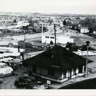View from grain elevator of Broomfield train depot, circa 1970: Origsize: 3.5" x 5"; Origformat: Print-Photographic; Resolution: 1000dpi