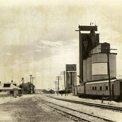 Broomfield depot by the grain elevator, circa 1970: Origsize: 8" x 10"; Origformat: Print-Photographic; Resolution: 500dpi