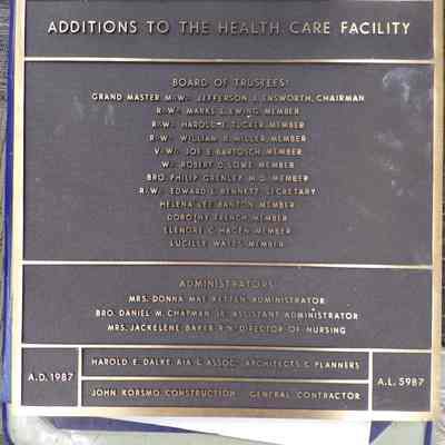 Plaque: Bronze. "Additions to the Health Care Facility" Masonic Retirement Center (1987)