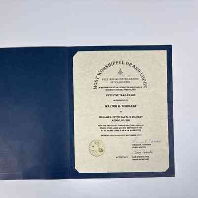 Certificate: Certificate in Blue Folder. Fifty-Five Year Award Presented to Walter R. Nordleaf of William H. Upton Naval & Military Lodge, No. 206