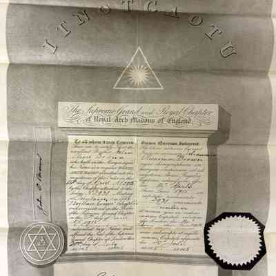 Certificate: Royal Arch Masons of England certifies that Brother John Oliver Brown joined Norther Crown Chapter in Tsintsin, China (1915).