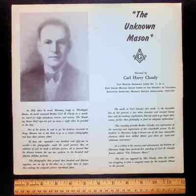Record: One Record in Sleeve. "The Unknown Mason" narrated by Carl Harry Claudy (Past GM of Washington, DC). (1932)