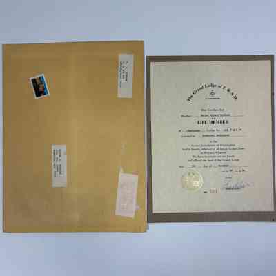 Certificate: and envelope. Life Member Certificate Presented to Walter R. Nordleaf of William H. Upton Naval & Military Lodge, No. 206 (1986)