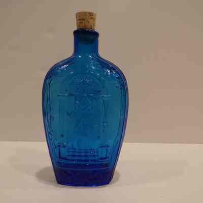 Flask: Glass, blue. Masonic symbols on both sides. Unknown Date