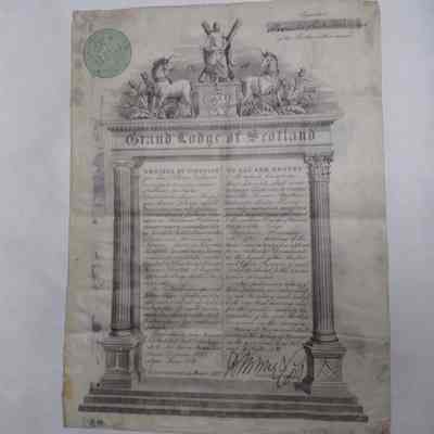 Certificate: Alexander Linton Finlay is a Master Mason in Dolhousie Lodge No. 720, Bonnyrigg, Scotland (1891)