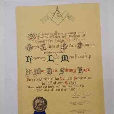 Certificate: Granting Honorary Life Membership to Rt. Wor. Bro Sidney Kase by the Grand Lodge of British Columbia (1985)