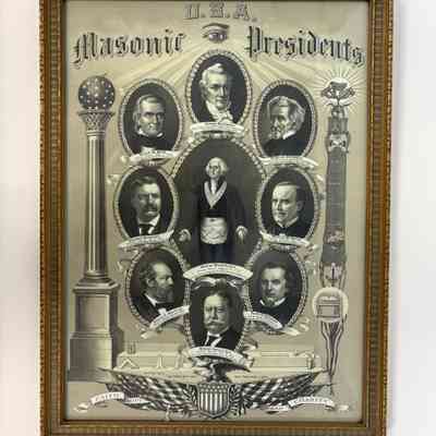 Poster: U.S.A. Masonic Presidents. Black and White poster of nine Presidents of the United States who were also Freemasons (c.1920)