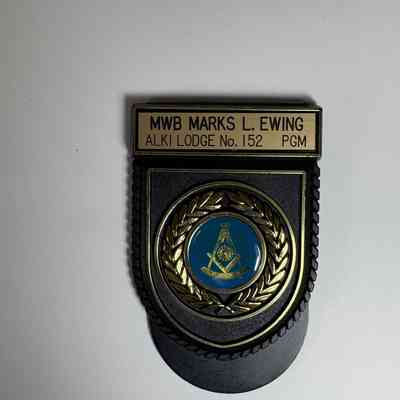 Name Tag: Black letter with metal lettering. "MWB Marks L. Ewing/Alki Lodge No. 152/PGM" Late 20th Century.