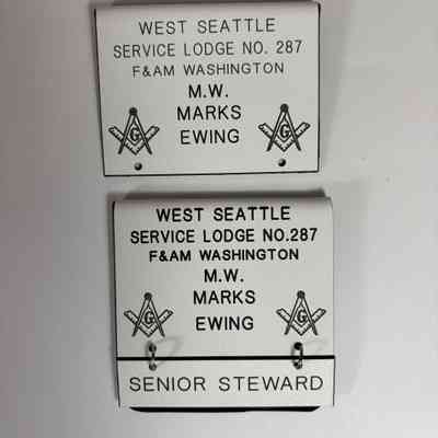 2 Name Tags: White with Black lettering. West Seattle Service Lodge No. 287, F&AM Washington M.W. Marks Ewing (circa late 20th century)