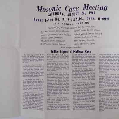 Apron: Paper. Masonic Cave Meeting, Burns Lodge, Burns, Oregon (1965)