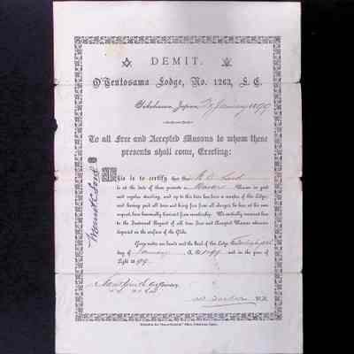 Certificate: Demit. Mount C. Lord demission from Otentosama Lodge No. 1263 (1899)