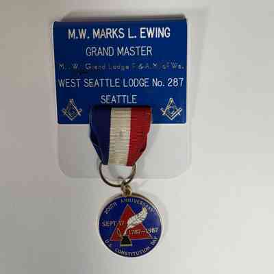 Name Tag: "M.W. Marks L. Ewing/Grand Master/M.W. Grand Lodge F.&A.M. of Wa (1987)