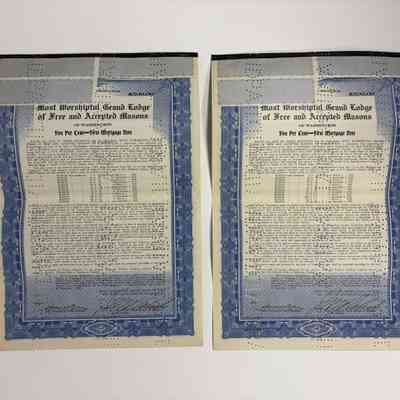 Two Notes: 2 Mortgage Notes issued by the Most Worshipful Grand Lodge of Washington for $500. (1933)