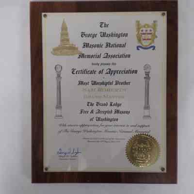 Plaque: Certificate of Appreciation for GM Sam Roberts, GWMNMA (2015)