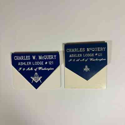 2 Badges: Past Grand Master Charles W. McQuery. Blue with White writing. "Ashler Lodge #121, F&AM of Washington.