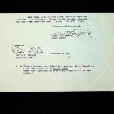 Paper Notice: Signed by Albert N. Bradford, Grand Master of DESOMS. (May 1964)