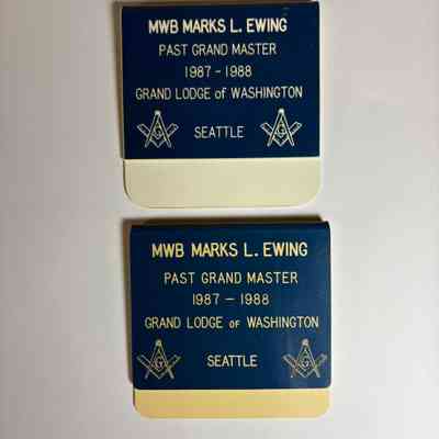 2 Name Tags: MWB Marks L. Ewing/Past Grand Master/1987-1988/Grand Lodge of Washington/Seattle. Late 20th Century