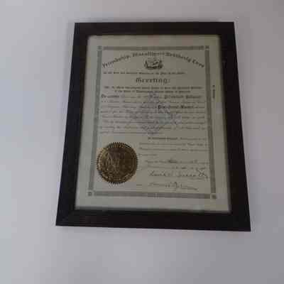 Certificate: Framed. Certifies that MW Brother Jerimiah Neterer is a Past Grand Master (1911)