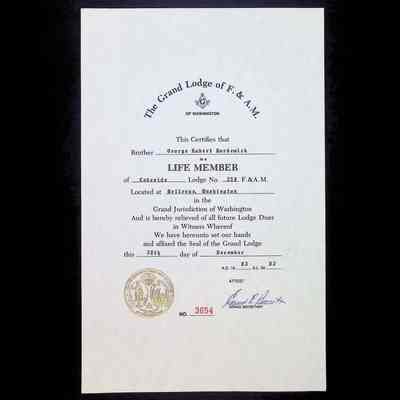 Certificate: Life Member Certificate awarded to George Robert Bordewick for Lakeside Lodge No. 258 (1983)