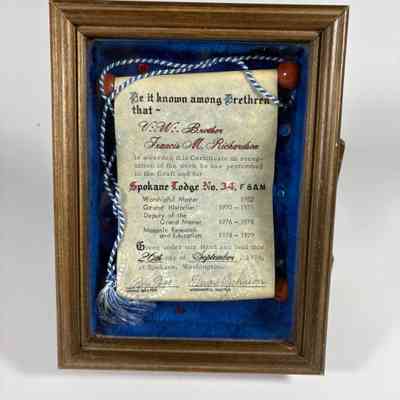 1 Certificate: One Framed Certificate in the shape of a scroll. For VWB Francis M. Richardson of Spokane Lodge No. 34. (1978).