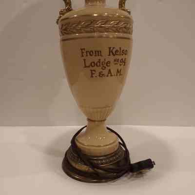 Lamp: Tan and gold. "From Kelso Lodge No. 94, F&AM."