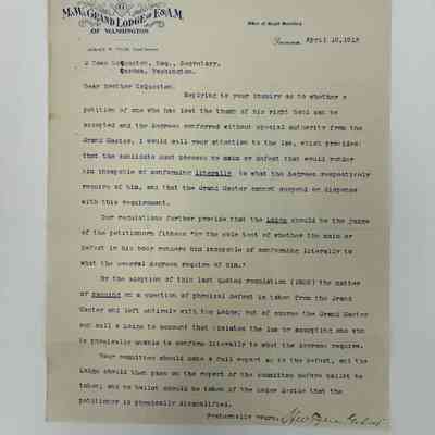 Letter: From Grand Secretary Horace W. Tyler to G. Dowe McQuesten. Discussing the ability of a petitioner who is missing a thumb to join Masonry (1913)