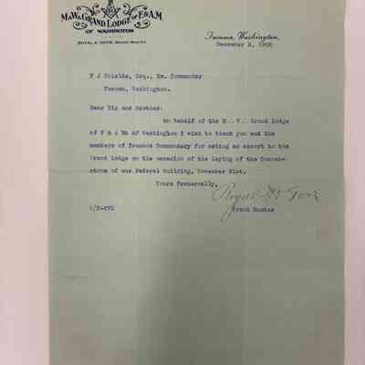 Letter: Thank you Letter for help in laying a cornerston from Grand Secretary Royal A. Gove to Em. Commander F.J. Shields (1908)
