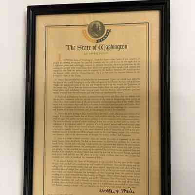 Letter: Framed. "The State of Washington: An Appreciation." by Walter F. Meier, PGM of Washington (1935)