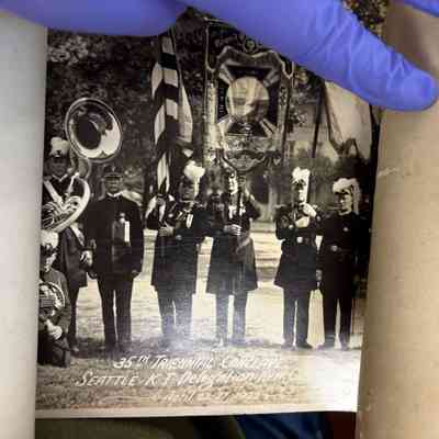 Panorama: 35th Triennial Conclave. Drill Team with women seated in front of them, Seattle Delegation. New Orleans (1922)