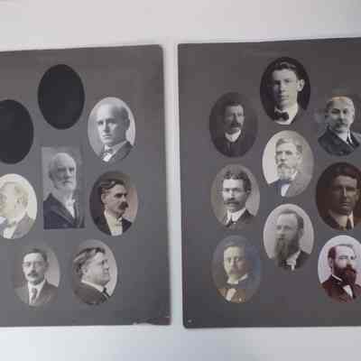 Photographs: two photoboards of masons ca. 1900s including Royal A. Gove and Louis Zeigler, Tim Reed, Archibald Frater