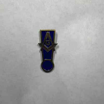 Pin: Blue. Exclamation Point with a Square and Compass in Front of it. Collected by PGM Sam Roberts (c.2015)
