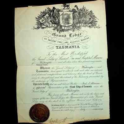 Certificate: Agreement to cultivate a relationship between Grand Lodge of Washington and Tasmania, ca. 1933