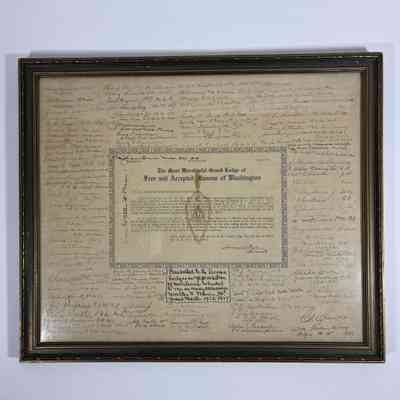 Certificate: Walter F. Meier is the Grand Master of Washington (1926). Signed by many Past Grand Masters.