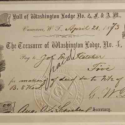 Receipt: Check Receipt for 5 Dollars issued to Washington Lodge No. 4 for "Lots 1+2" (1873)