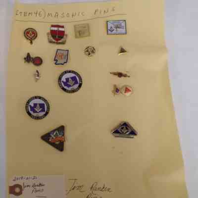 Found attached to a piece of paper labeled "Item 46, Jim Rankin Pins." Found in Offsite Storage Box 4-35b. 4 pins were accessioned into the permanent collection, the rest were placed in the education collection.