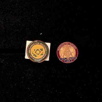 Two Grand Master Pins: "Washington Masons/Faith/Charity/Hope 97-98" and "Washington Masons Let our light shine/ 1998-1999"
