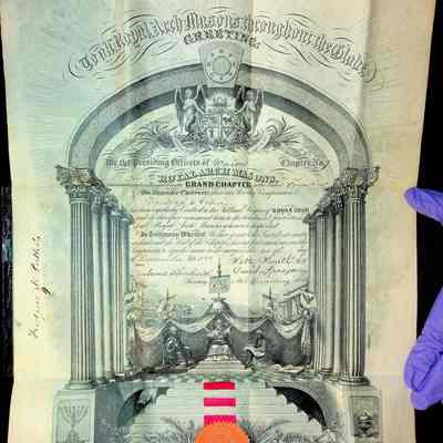Certificate: In leather case. Frederick W. Perkins Royal Arch Certificate. Connecticut Chapter No. 7 (1855)