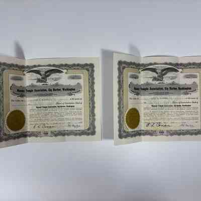 Two Certificates: 2 Masonic Temple Association, Gig Harbor, Washington Share Certificates issued to James H. Blundell (1950).