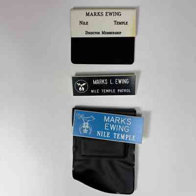 3 Name Tags: Nile Shrine "Marks Ewing/Nile Temple" Late 20th Century.