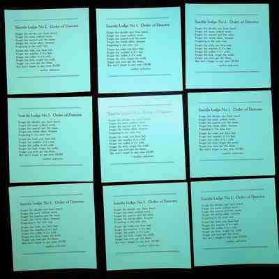 9 Paper Slips: Blue. Containing poem requesting DESOMS dues