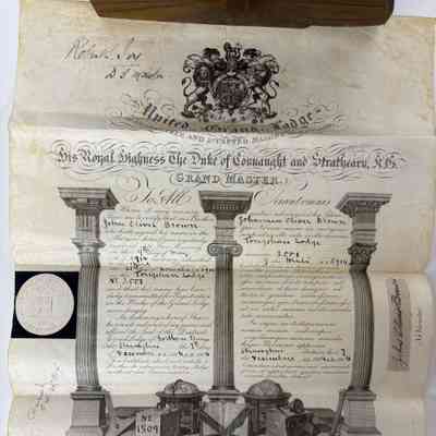 Certificate: The Grand Lodge of England certifies that Brother John Oliver Brown is a member of Tongshan Lodge No. 3001 in Shanghai, China (1914).