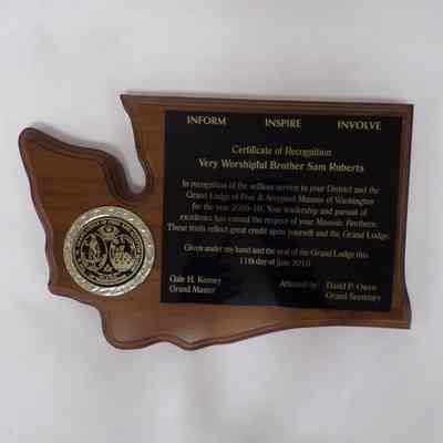 Plaque: Certificate of Recognition for VWB Sam Roberts from Grand Lodge of Washington (2010)