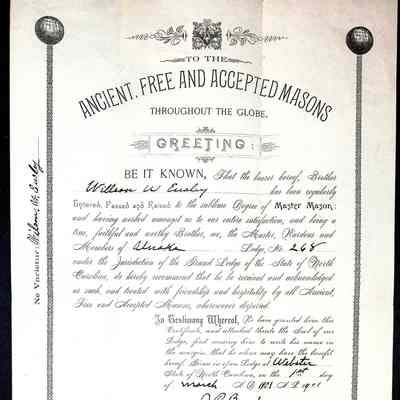 Certificate: William W. Eusleyds, Master Mason, Unaka Lodge No.268, Grand Lodge of North, Carolina, March 5, 1901