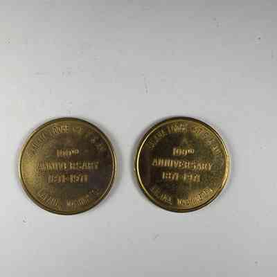 Two Coins: gold. Kalama Lodge No. 17 100 Year Anniversary. Belonged to PGM James O.Wood (1971)