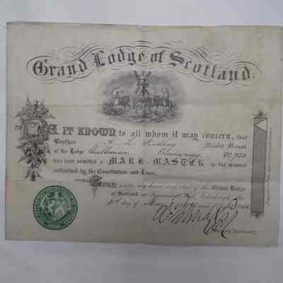 Certificate: Mark Master Certificate for A.L. Findlay of Dolhousie Lodge No. 720 (Bonnyrigg, Scotland) (1902)