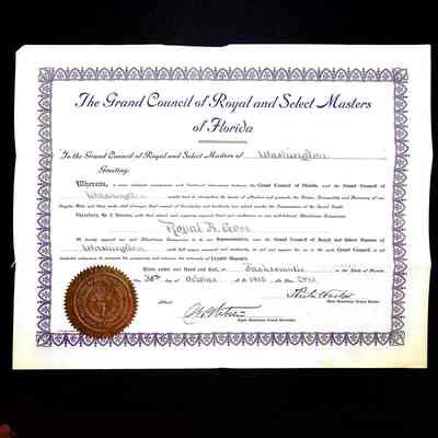 Certificate: Appointing Royal A. Gove Representative of the Grand Council of Florida for Grand Council of Royal and Select Masters of Washington, October 30, 1913.