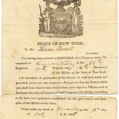 Notice to Hiram Barrett of promotion to Corporal, 1835