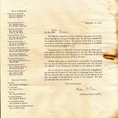 Letter to Alma Crane from the Women's Republican Club of Bedford Township